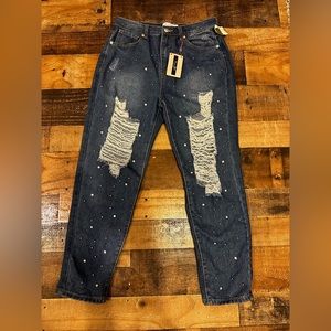 Denim Blvd. Rhinestone Distressed Boyfriend Jeans